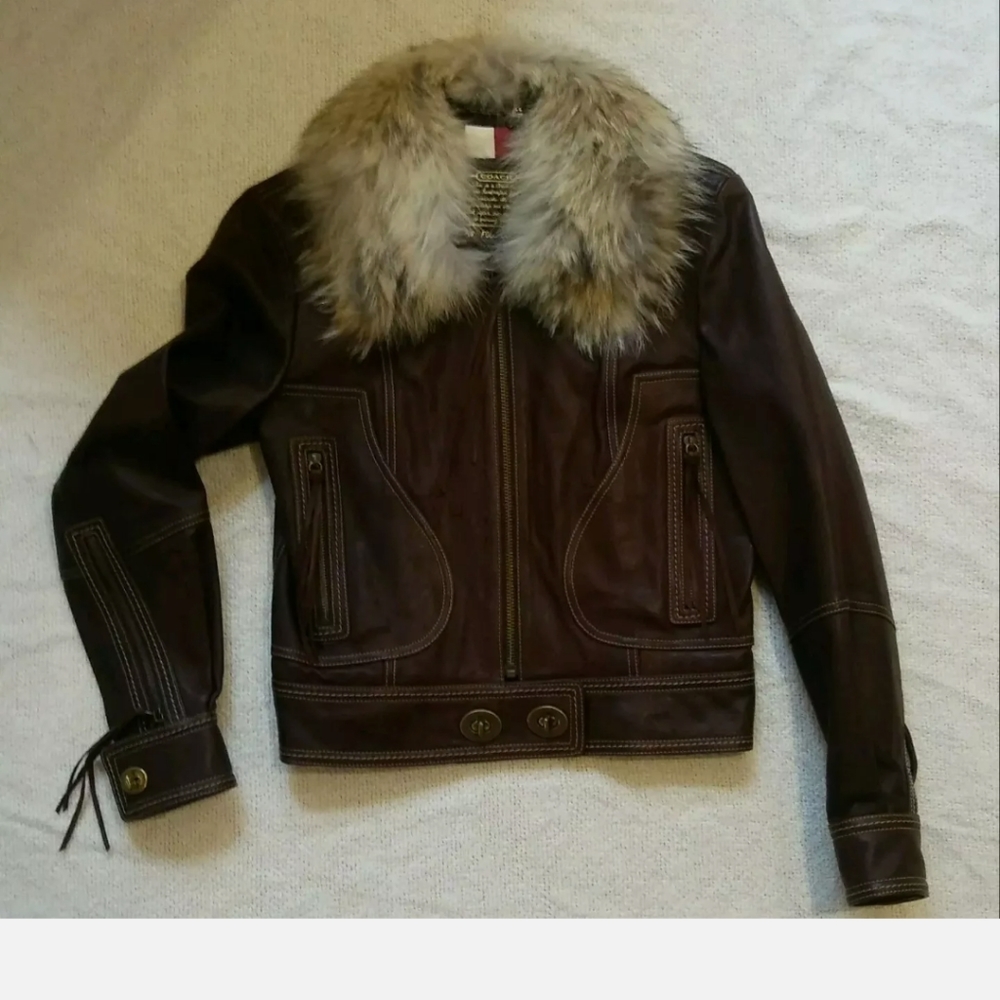 NWT COACH Legacy Brown Leather motorcycle Jacket Coyote fur collar sz 6 $1198